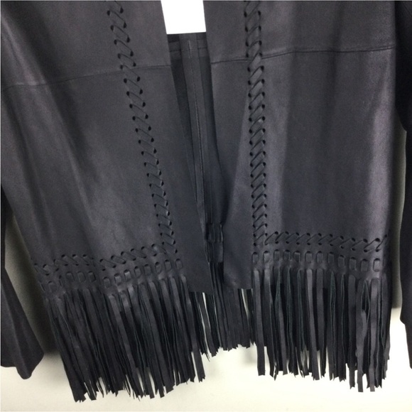 NWT Elizabeth & James Garvin Leather Fringe Woven Open Front Black Jacket Medium - Picture 6 of 12